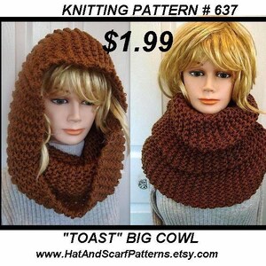 Instant download scarf knitting pattern pdf file , Unisex, adult, men, women. num 637, beginner, TOAST big cowl image 1