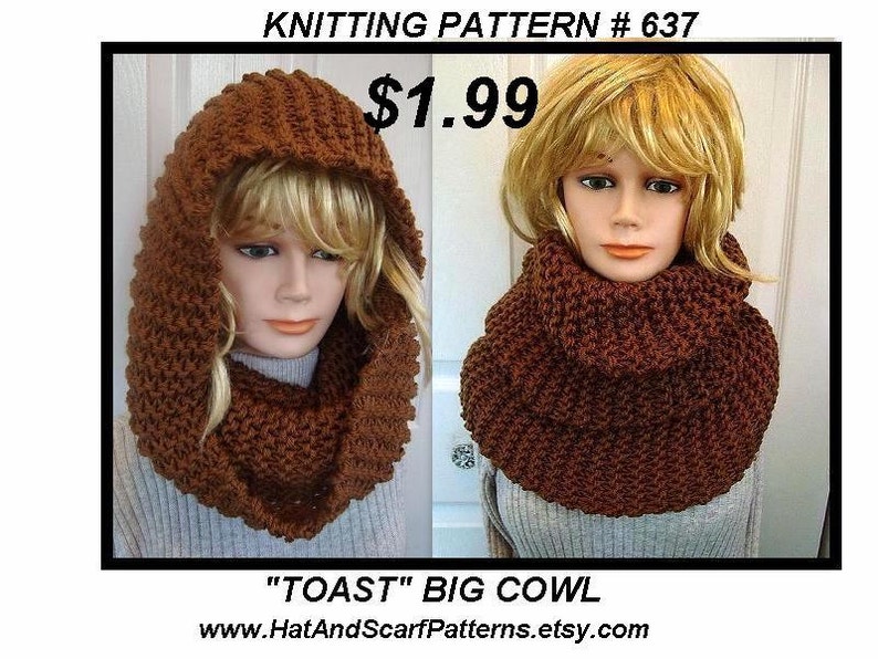 Instant download scarf knitting pattern pdf file , Unisex, adult, men, women. num 637, beginner, TOAST big cowl image 1