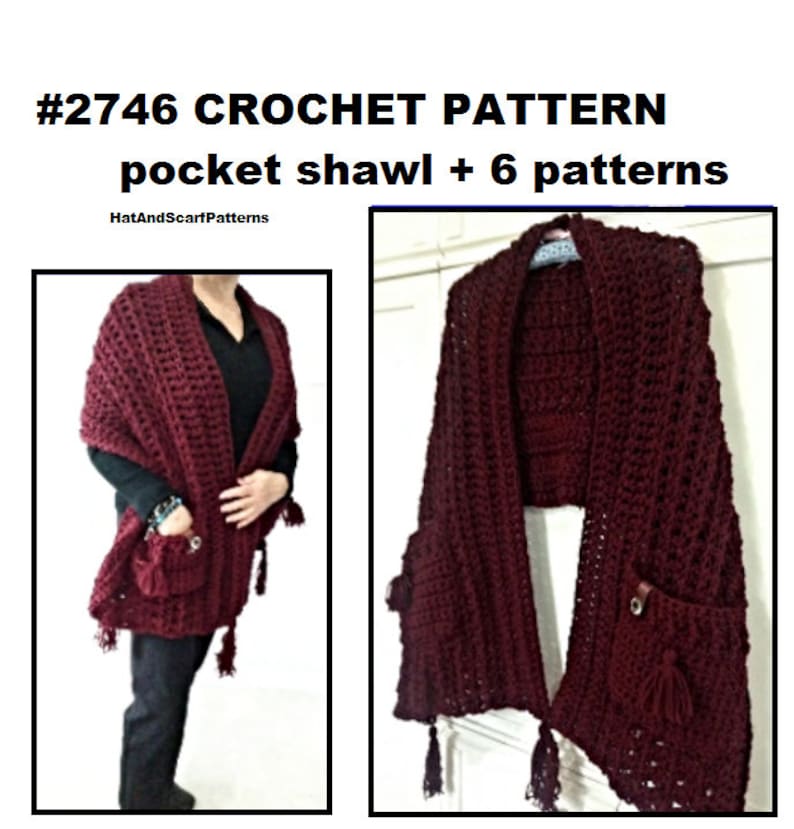 3 hr POCKET SHAWL PATTERN, plus 6 free patterns, (7 for 1.99), Easy crochet pattern- hat, cowl, legwarmers, gloves, scarf image 4