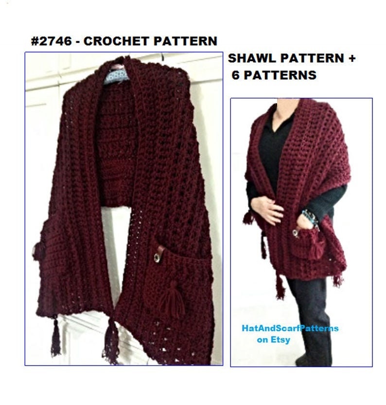 3 hr POCKET SHAWL PATTERN, plus 6 free patterns, (7 for 1.99), Easy crochet pattern- hat, cowl, legwarmers, gloves, scarf image 3