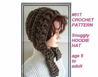 CROCHET PATTERN,  Hat, snuggly hoodie hat, women, winter hat, 5 to adult women, num. 517, accessories, clothing, DIY children, kids,