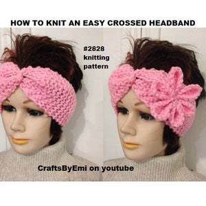 May include: Two pink knitted headbands are displayed on a mannequin head. One headband has a simple crossed design, while the other features a flower embellishment. The image includes text that reads "HOW TO KNIT AN EASY CROSSED HEADBAND" and "CraftsByEmi on youtube."