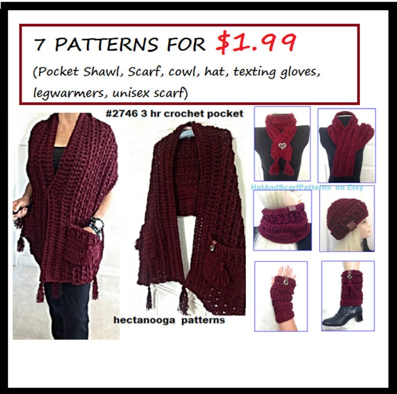 3 hr POCKET SHAWL PATTERN, plus 6 free patterns, (7 for 1.99), Easy crochet pattern- hat, cowl, legwarmers, gloves, scarf image 2