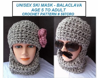 Patrón de gorro de ganchillo, gorro de esquí fácil, pasamontañas, gorro unisex, tallas de 5 años a adulto, # 597CRO