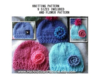 hat knitting pattern (pdf file), 9 SIZES,  knit flower pattern, Unisex boy, girl, children, adult, men, women. num 575, beginner