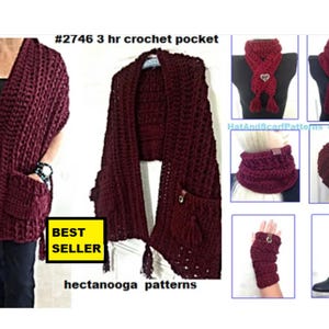3 hr POCKET SHAWL PATTERN, plus  6 free patterns, (7  for 1.99), Easy crochet pattern- hat, cowl, legwarmers,  gloves, scarf