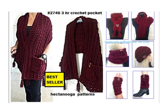 3 hr POCKET SHAWL PATTERN, plus  6 free patterns, (7  for 1.99), Easy crochet pattern- hat, cowl, legwarmers,  gloves, scarf