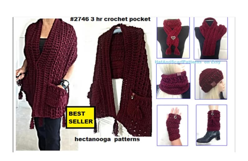 3 hr POCKET SHAWL PATTERN, plus 6 free patterns, (7 for 1.99), Easy crochet pattern- hat, cowl, legwarmers, gloves, scarf image 1
