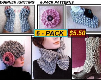 KNITTING PATTERNS, 6 Pattern Pack, Beginner level,  Hat, Flower, Cowl, Scarf, Slippers, Fingerless Gloves Arm warmers, Legwarmer Spats