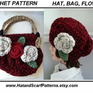 Gorro Boina estilo Chunky y Bolso a juego con flores, PATRÓN CROCHET, Gorro talla mujer, complementos invierno, descarga digital pdf hecho a mano