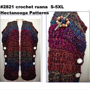 May include: A multi-colored crochet ruana with white buttons. The ruana is made in a chunky yarn and has a striped pattern. The ruana is shown folded in half, with the front and back sides visible. The text #2821 crochet ruana S-5XL Hectanooga Patterns is visible at the top of the image.