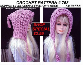 PATRÓN DE GANCHILLO, Gorro, Capucha Pixie rosa con borlas, Nivel principiante fácil, 5 años hasta adulto- patt. # 758, Niñas, Mujeres