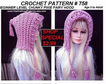 CROCHET PATTERN, Hat, Pink Pixie Hood with tassels, Easy Beginner level, age 5 to adult- patt. # 758,  Girls, Women