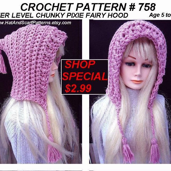 CROCHET PATTERN, Hat, Pink Pixie Hood with tassels, Easy Beginner level, age 5 to adult- patt. # 758,  Girls, Women