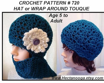 Hat CROCHET PATTERN, Or Wrap Around Toque, age 5 to adult, easy one skein project, pdf digital download.  Girls and  Women's accessories