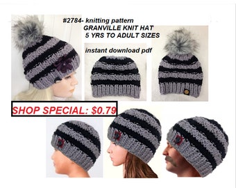 KNITTING PATTERN, knit beanie touque unisex hat, easy beginner knitting, knit flat, 5 yrs to adult, #2784