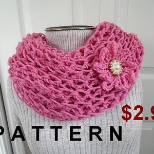 CROCHET PATTERN, Quick Easy Cowl , easy beginner, Pink scarf, neckwarmer, shawl, crochet flower,#816, Pink Lacy Cowl