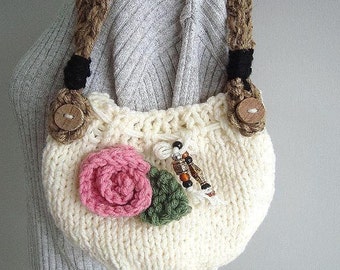 KNIT Handbag purse, Knitting PATTERN, Easy to make knit bag, handle instructions included, knit flower included #646B