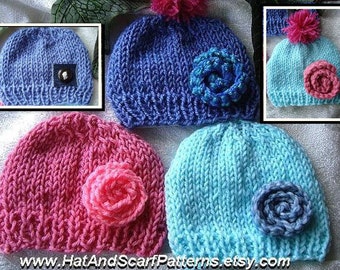 Knitting Pattern Hat with Rolled Flower Unisex hat for Boys or Girls Newborn to Adult sizes. # 575, Cyber  Monday