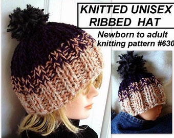 Hat Knitting PATTERN, Unisex Knitted Ribbed Beanie  Hat (Baby, Kids, Toddler, Child, Men, Women, Adult sizes) #630