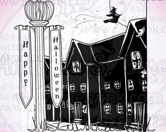 Xmas Christmas Halloween Rowhome Scenes Backgrounds Digital Stamp UNCOLORED Papercrafting Cardmaking Handmade Crafter Digi Coloring Page