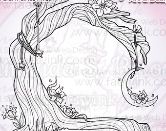 Twisted Tree Scenes Backgrounds Moon Fall Halloween Digital Stamp UNCOLORED Papercrafting Cardmaking Handmade Crafter Digi Coloring Page