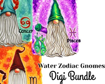 Water Zodiac Tomte Nisse Gnome Digi Bundle UNCOLORED Digital Stamp Image Adult Coloring Page jpeg png jpg Craft Cardmaking Papercrafting DIY