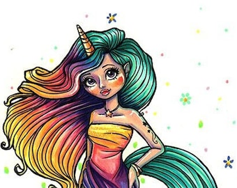 Unicorn Lahla, Starburst Portrait and Full Figure. Line Art, Digital Stamp, Coloring Page, Uncolored