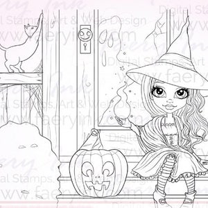 Halloween Witch Jack-o-Lantern Haunted House UNCOLORED Digital Stamp Coloring Page jpeg png jpg Craft Cardmaking Papercrafting DIY image 2