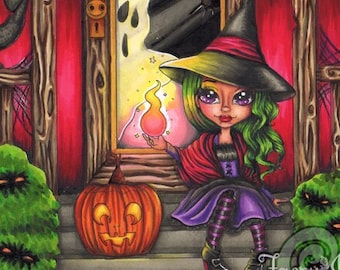 Halloween Witch Jack-o-Lantern Haunted House UNCOLORED Digital Stamp Coloring Page jpeg png jpg Craft Cardmaking Papercrafting DIY