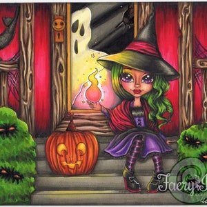 Halloween Witch Jack-o-Lantern Haunted House UNCOLORED Digital Stamp Coloring Page jpeg png jpg Craft Cardmaking Papercrafting DIY image 1
