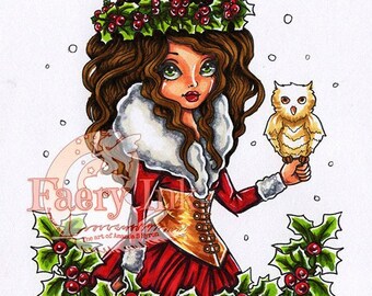 Holly Queen Christmas Yule Winter Solstice Owl UNCOLORED Digital Stamp Coloring Page Craft Cardmaking Papercrafting DIY