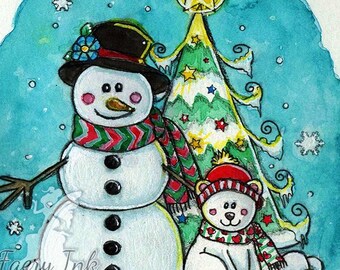 Snowman Polar Bear Christmas Tree Xmas Winter Wonderland UNCOLORED Digital Stamp Coloring Page Craft Cardmaking Papercrafting DIY
