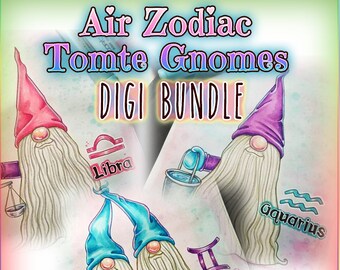 Air Zodiac Tomte Nisse Gnome Digi Bundle UNCOLORED Digital Stamp Image Adult Coloring Page jpeg png jpg Craft Cardmaking Papercrafting DIY