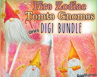 Fire Zodiac Tomte Nisse Gnome Digi Bundle UNCOLORED Digital Stamp Image Adult Coloring Page jpeg png jpg Craft Cardmaking Papercrafting DIY