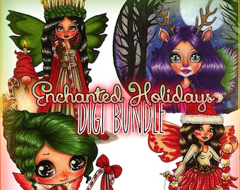 Enchanted Holidays Christmas Fairy 4 Digis BUNDLE Xmas UNCOLORED Digital Stamp Coloring Page jpeg png jpg Craft Cardmaking Papercrafting DIY