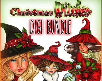 Christmas Witches Digi Bundle UNCOLORED Digital Stamp Image Adult Coloring Page jpeg png jpg Craft Cardmaking Papercrafting DIY