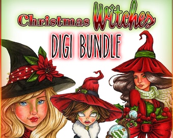 Christmas Witches Digi Bundle UNCOLORED Digital Stamp Image Adult Coloring Page jpeg png jpg Craft Cardmaking Papercrafting DIY