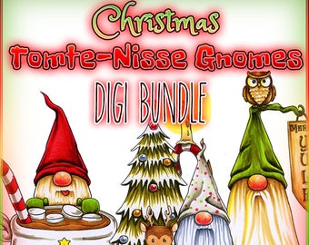 Christmas Tomte Nisse Gnome Digi Bundle UNCOLORED Digital Stamp Image Adult Coloring Page jpeg png jpg Craft Cardmaking Papercrafting DIY