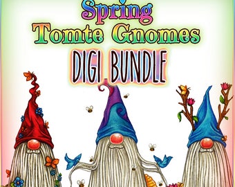 Spring Tomte Nisse Gnome Digi Bundle UNCOLORED Digital Stamp Image Adult Coloring Page jpeg png jpg Craft Cardmaking Papercrafting DIY