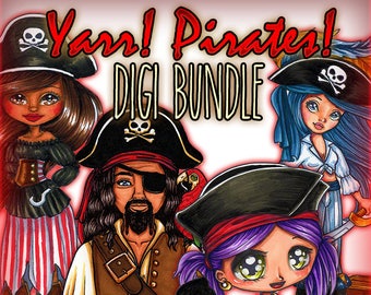 Yarr! Pirates w Sentiments 5 Digis BUNDLE UNCOLORED Digital Stamp Coloring Page jpeg png jpg Craft Cardmaking Papercrafting DIY