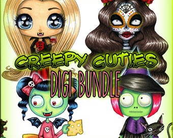 Creepy Cuties 4 Digis BUNDLE UNCOLORED Digital Stamp Coloring Page jpeg png jpg Craft Cardmaking Papercrafting DIY