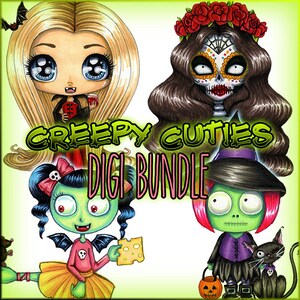 May include: Digital clipart bundle featuring four cute cartoon characters with spooky Halloween themes. The characters include a vampire, a zombie, a witch, and a Day of the Dead character. The text "Creepy Cuties Digi Bundle" is displayed in the centre of the image.
