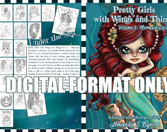 PDF DIGITAL FORMAT! Pretty Girls with Wings and Things Vol 3 Mermaid Escapades Coloring Book