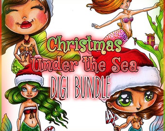 Christmas Under the Sea Mermaids Xmas 4 Digis BUNDLE UNCOLORED Digital Stamp Coloring Page jpeg png jpg Craft Cardmaking Papercrafting DIY