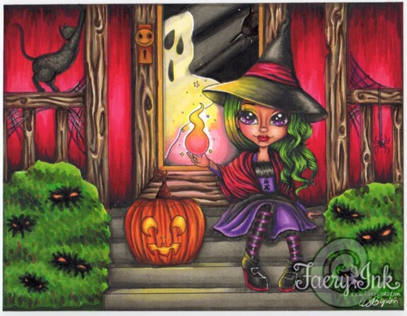 Halloween Witch Jack-o-Lantern Haunted House UNCOLORED Digital Stamp Coloring Page jpeg png jpg Craft Cardmaking Papercrafting DIY image 1