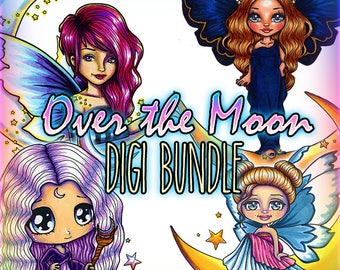 Over the Moon Fairy Faeries Fae Chibis 4 Digis BUNDLE UNCOLORED Digital Stamp Coloring Page jpeg png jpg Craft Cardmaking Papercrafting DIY