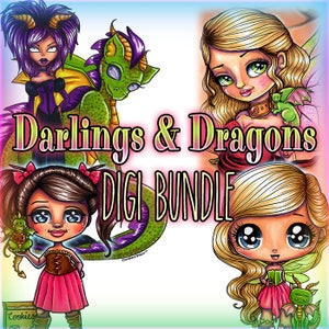 Darlings & Dragons Fae Chibis 4 Digis BUNDLE UNCOLORED Digital Stamp Coloring Page jpeg png jpg Craft Cardmaking Papercrafting DIY image 1