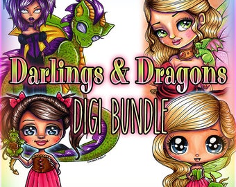 Darlings & Dragons Fae Chibis 4 Digis BUNDLE UNCOLORED Digital Stamp Coloring Page jpeg png jpg Craft Cardmaking Papercrafting DIY