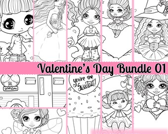 Valentine's Day Line Art Bundle 01 Digital Stamps, Coloring Pages, Clip Arts, Uncolored Images